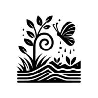 Black and White Minimalist Illustration A stylized scene of a butterfly approaching a tree with a swirl, grass, and water, with falling droplets and dot accents. vector