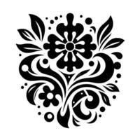 Symmetrical Black and White Floral with Curvilinear Elements, Leafy Accents, and Subtle Gray Details on a Clean White Background. vector