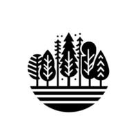 Stylized Black and White Forest Scene in a Circular Frame, Depicting Various Tree Shapes and a Striped Ground vector