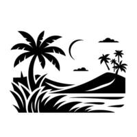 Stylized Black and White Silhouette Tropical Island Scene Featuring Palm Trees, Lush Grass, Moon, Clouds, and Mountains. vector