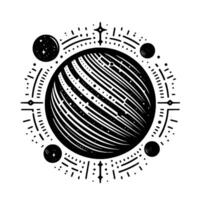 Intricate black and white cosmic illustration of a striped celestial body encircled by orbs, constellations, and dotted linear elements. vector