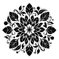 Symmetrical black and white floral mandala with a central flower, leafy patterns, and circular motifs. vector