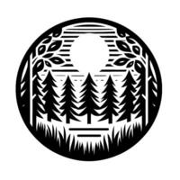 A circular black and white featuring a silhouetted forest scene with pine trees, foliage, a moon, and grass. vector
