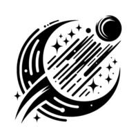 Black and White Celestial Abstract Crescent Moons, Stars, and Orbiting Planet, Geometric Design. vector