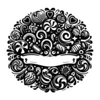 Intricate Black and White Circular Featuring Swirls, Candies, Hearts, Stars, and a Banner for Text, Ideal for a Festive Graphic. vector