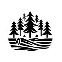Silhouette illustration of a forest with stylized evergreen trees set atop a textured log, with clean lines. vector
