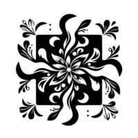 Symmetrical Black and White Floral with Square Core and Ornamental Flourishes, Bold Graphic, Modern Aesthetic. vector
