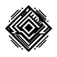 Abstract Geometric Black and White Diamond with Labyrinthine Internal Patterns and Minimalistic Dots and Lines Composition. vector