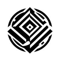 Geometric Black and White Circular Composition with Concentric Square and Diamond Pattern, Mazelike Design. vector