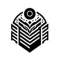 Abstract geometric emblem, monochromatic featuring a centered triangular motif, an upper circle, and blocky side structures. vector