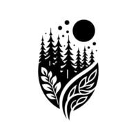 Black and White Silhouette Composition Pine Forest, Full Moon, and Leafy Designs Within a Decorative Oval Frame. vector