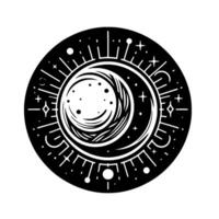 Celestial Circle Crescent Moon, Stars, and Symbolic Lines within a Black and White Circular Design. vector