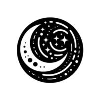 Black and White Circular Celestial Design Crescent Moon with Stars and Dotted Swirls, Night Sky Aesthetic vector