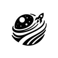 Stylized Black White Illustration A Rocket Ascending from a Celestial Orb, Representing Space Exploration and Cosmic Journey. vector