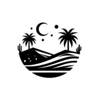Minimalist Black and White Desert Landscape Crescent Moon, Palm Trees, Dunes, and Stars in a Circular Emblem. vector
