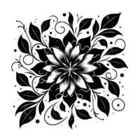 Symmetrical Black and White Floral Mandala with Grayscale Leaves, Swirls, and Dots on a White Background. vector