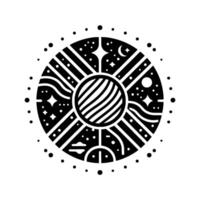 Symbolic Monochrome Celestial Featuring a Central Striped Sphere with Surrounding Stars, Moon, and Abstract Lines in a Circular Composition vector