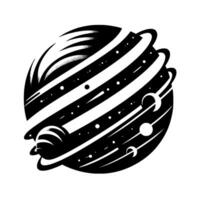 Stylized black and white illustration of a planet with rings, orbiting moons, and a textured surface, radiating a cosmic and minimalist aesthetic. vector