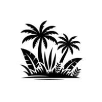Black and White Silhouette of Tropical Palm Trees, Foliage and Grass on White Background, Minimalist Nature Design. vector