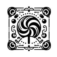 Elegant Black and White Swirl Lollipop Illustration within Ornate Square Frame, Decorative Elements, Minimalist Style vector