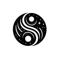 Celestial Yin Yang Black and White Swirling Cosmic with Stars, Dots, and Smooth, Curved Lines on a White Background vector