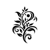 Elegant Black and White Floral Motif Featuring Leafy Branches, Swirls, and Dots, Resembling a Decorative Flourish Against a White Background. vector