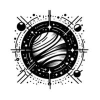 Intricate black and white illustration of a cosmic featuring a planet with striped surface, surrounded by celestial elements and a symmetrical geometric framework, conveying a sense of mystery. vector
