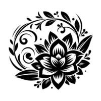 Intricate Black and White Floral in a Circular Composition with Leaves, Petals and Spirals, Isolated on White. vector