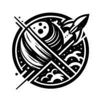 Bold Black and White Geometric Space Illustration Rocket, Planets, Clouds, and Stars in Circular Frame. vector