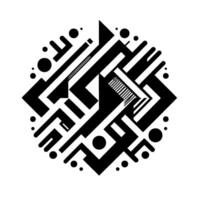 A symmetrical black and white geometric abstract with interconnected shapes, lines, and dots, creating a dynamic interplay of forms. vector