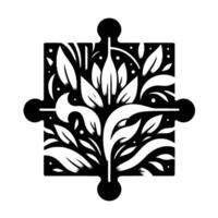 Stylized Black and White Puzzle Piece with Floral Featuring Leaves, Petals, and Decorative Dots, on White Background. vector