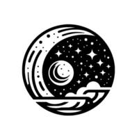 Stylized circular blackandwhite illustration of a night sky featuring a crescent moon, stars, clouds, and water, evoking a sense of calm. vector