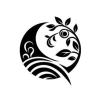 Elegant black and white circular emblem featuring a crescent moon, stylized foliage, wavelike lines, and a central eyelike motif. vector