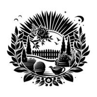 Intricate Black and White Garden Scene in a Circular Frame Includes a Rose, Birds, and a Crescent Moon. vector