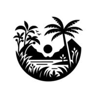 art black and white tropical island scene with palm trees, mountains, sun, birds, and lush vegetation within a circle. vector