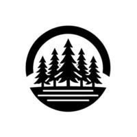 A minimalist, monochrome featuring a stylized forest of pine trees silhouetted inside a circular frame and stylized ground. vector