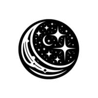Celestial Black and White Circle Design Crescent Moon, Stars, and ConstellationInspired Elements, A Symbol of Mysticism and Night vector