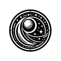 Intricate monochrome circular featuring a stylized moon within swirling celestial elements and stars, enclosed in a bold frame. vector