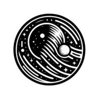 A stylized, circular black and white illustration of a celestial scene with orbiting celestial bodies, stars, and a unique, stylized comet element with radial lines, all set against a plain white ba vector