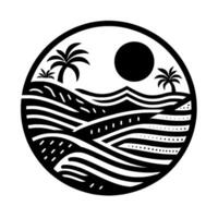 Black and White Circular Silhouette Palm Trees, Rolling Hills, and a Sun, Minimalist Landscape Design. vector