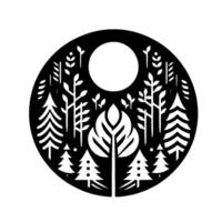 Silhouette of a Forest Scene Encased in a Circle, featuring a Moon and Various Tree Styles, in Black and White. vector