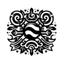 Ornate Black and White Symmetrical Design Central Striped Sphere, Decorative Floral, Swirls, Leaves, Dots, and Geometric Elements. vector