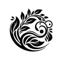 Stylized, circular botanical illustration in black and white, featuring intricate leaf and swirl patterns in an organic design, perfect for emblems. vector