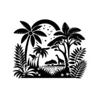Silhouette of a Vibrant Jungle Scene with Palm Trees, Giraffe, Cheetah, and a Decorative Arch Against White Background vector