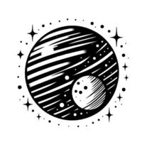 Black and White Cosmic Illustration Stylized Planet with Lunar Satellite, Surrounded by Stars and Dots, Minimalist Design. vector