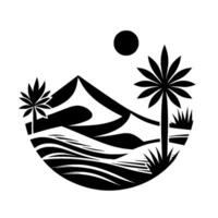 Monochromatic desert scene featuring stylized palm trees, dunes, mountains, and sun within a circular frame. vector