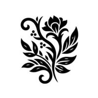 Elegant black floral with stylized flower, leaves, and berries on white background symmetrical, decorative, and minimalistic. vector