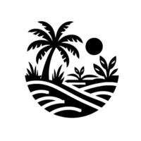 Stylized Black and White Island Scene with Palm Tree, Sun, and Lush Landscape within a Circular Composition. vector