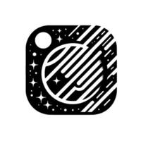 Black and White Minimalist of a Planet with Rings and a Celestial Background within a Rounded Square Frame. vector