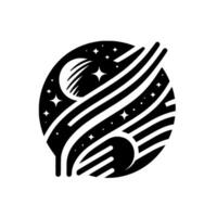 Stylized Black and White Celestial Sphere with Planets, Stars, and Abstract Striated Forms. vector